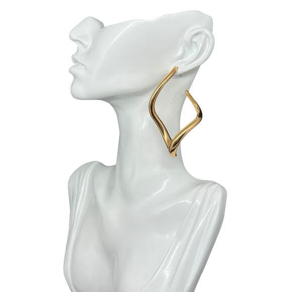 Modern Gold Tone Geometric Square Hoop Statement Earring Minimalist Post Stud - Picture 1 of 8